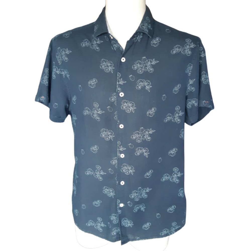 Steel & Jelly SZ M Linen & Cotton Navy Print Men's Short Sleeve Button Up Shirt